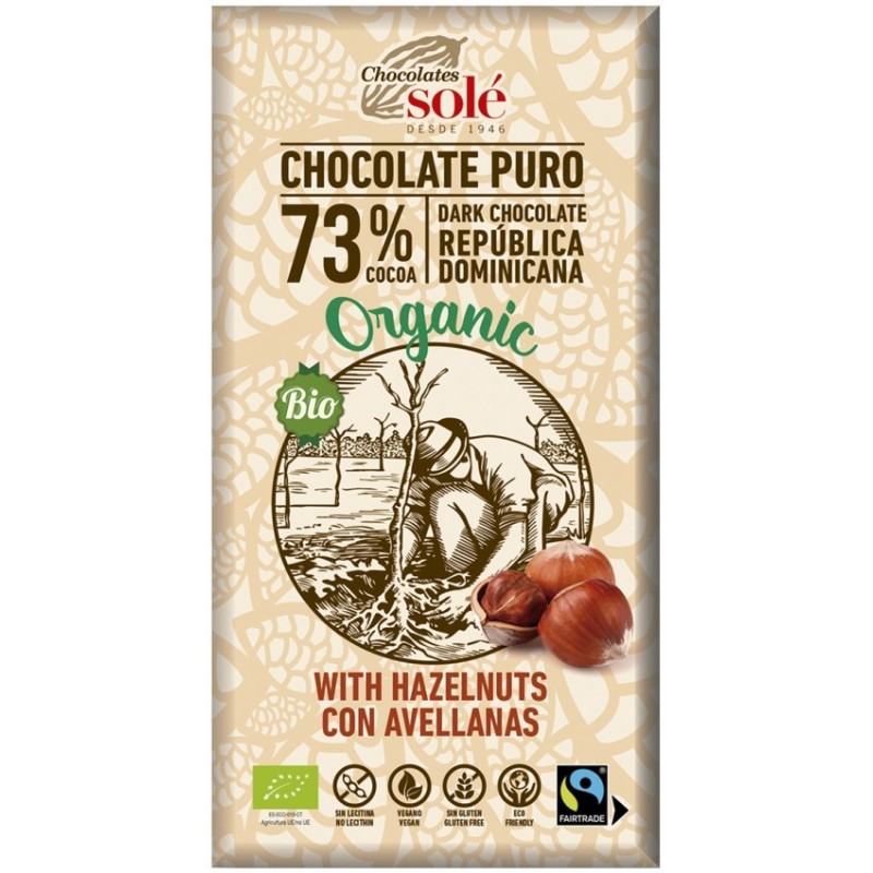 Ciocolata Neagra BIO cu Alune de Padure 73% Cacao, 150 g, Chocolates Sole