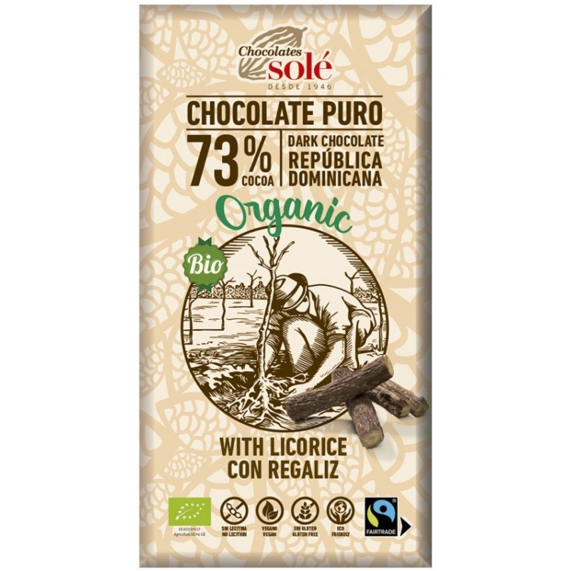 Ciocolata Neagra BIO cu Lemn Dulce 73% Cacao, 100 g, Chocolates Sole