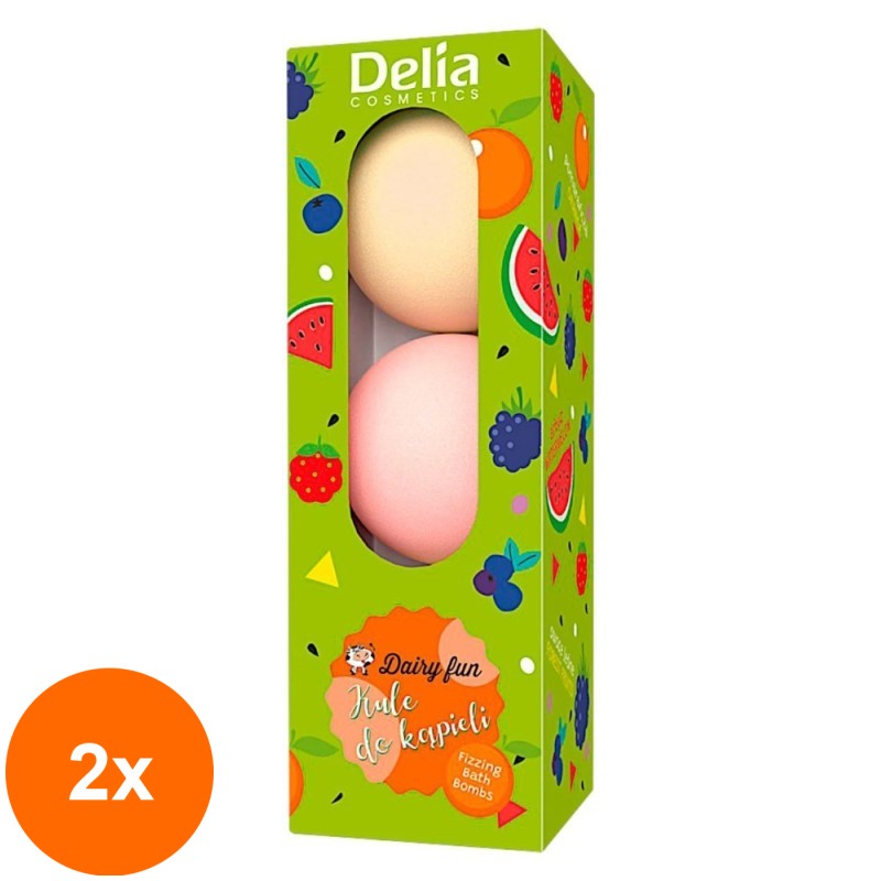 Set 2 x 3 Bombe Efervescente Baie Delia Cosmetics Dairy Fun, cu Pepene, Portocale si Fructe de Padure