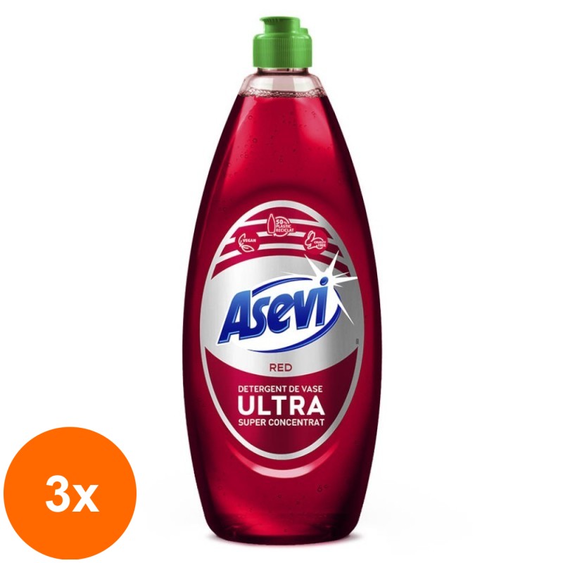 Set 3 x Detergent de Vase Asevi Red, Ultra Super Concentrat, 650 ml