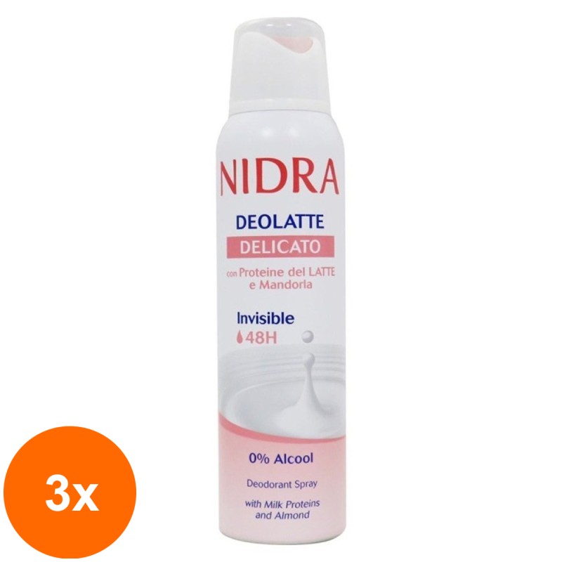Set 3 x Deodorant Spray Nidra Deolatte Delicato cu Proteine din Lapte si Migdale, 150 ml