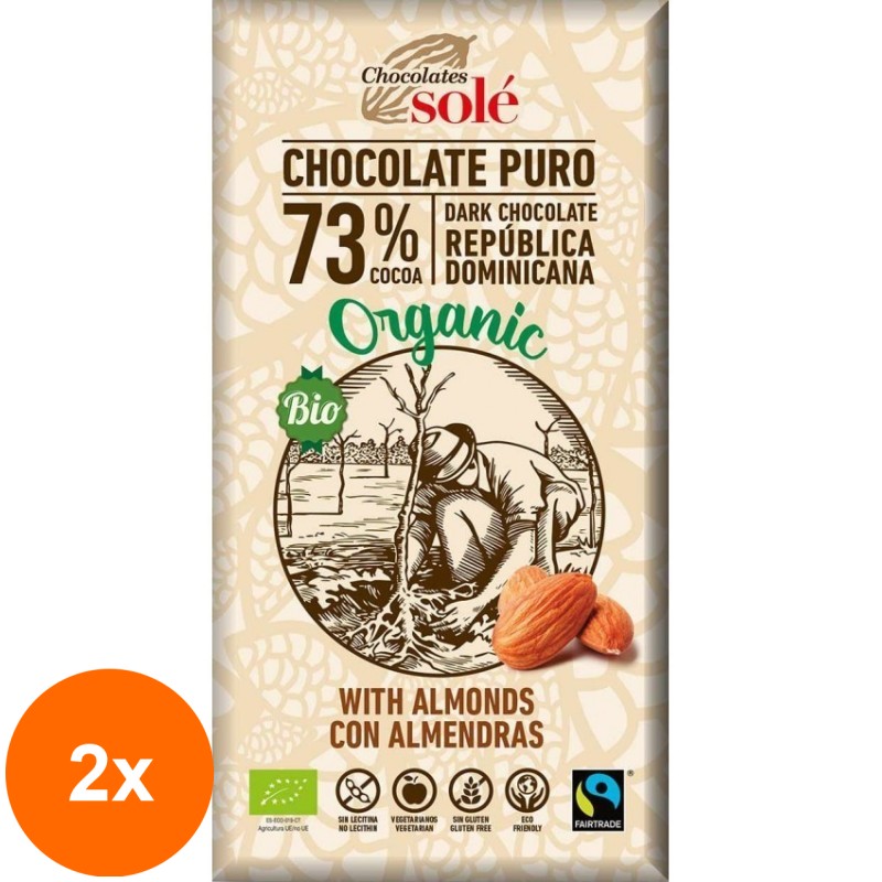 Set 2 x Ciocolata Neagra BIO 73% Cacao, cu Migdale, 150 g, Chocolates Sole