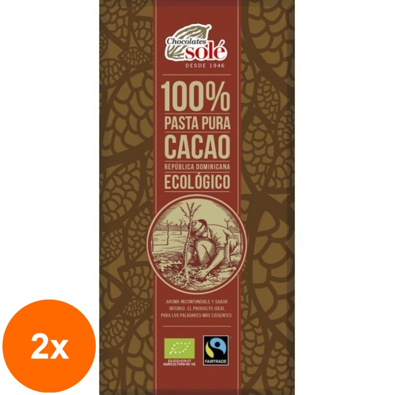 Set 2 x Ciocolata Neagra BIO, 100% Cacao, 100 g, Chocolates Sole