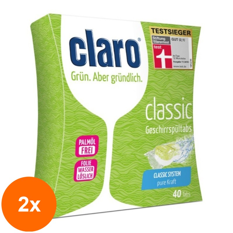 Set 2 x 40 Tablete Ecologice pentru Masina de Spalat Vase Claro Clasic, 640 g