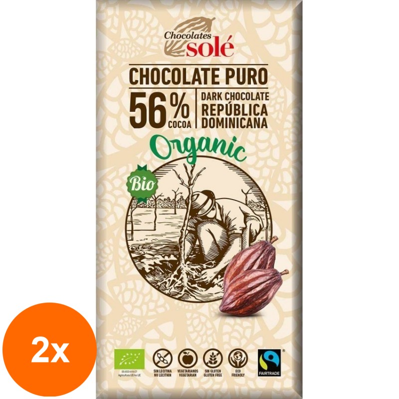 Set 2 x Ciocolata Neagra BIO 56% Cacao, 100 g, Chocolates Sole