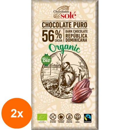 Set 2 x Ciocolata Neagra BIO 56% Cacao, 100 g, Chocolates Sole...
