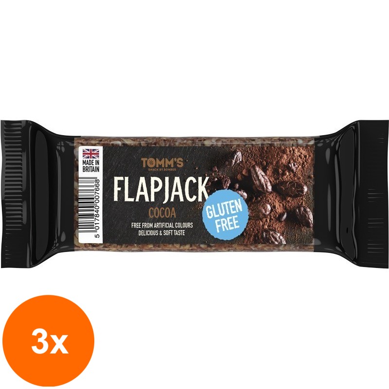 Set 3 x Baton Energizant Flapjack Tomm’s, cu Cacao, fara Gluten 100g Bombus