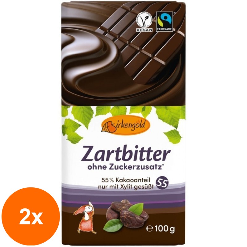 Set 2 x Ciocolata Neagra Indulcita doar cu Xylitol 55% Cacao, 100 g, Birkengold