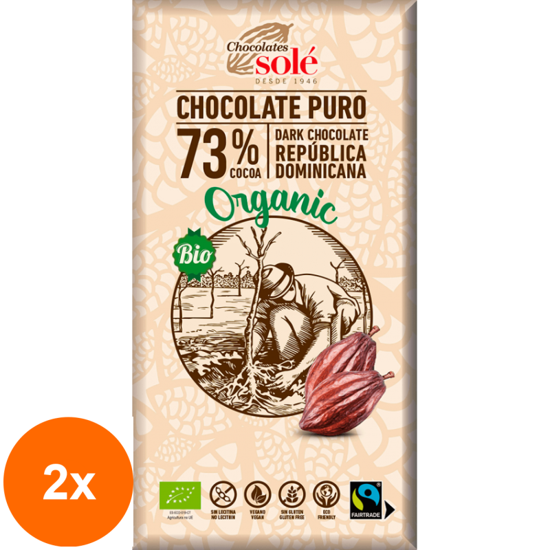 Set 2 x Ciocolata Neagra BIO, 73% Cacao, 100 g, Chocolates Sole