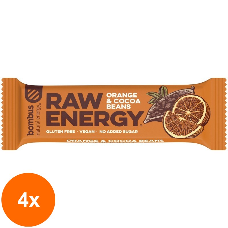 Set 4 x Baton Proteic Raw Energy cu Portocale si Boabe de Cacao, 50g Bombus