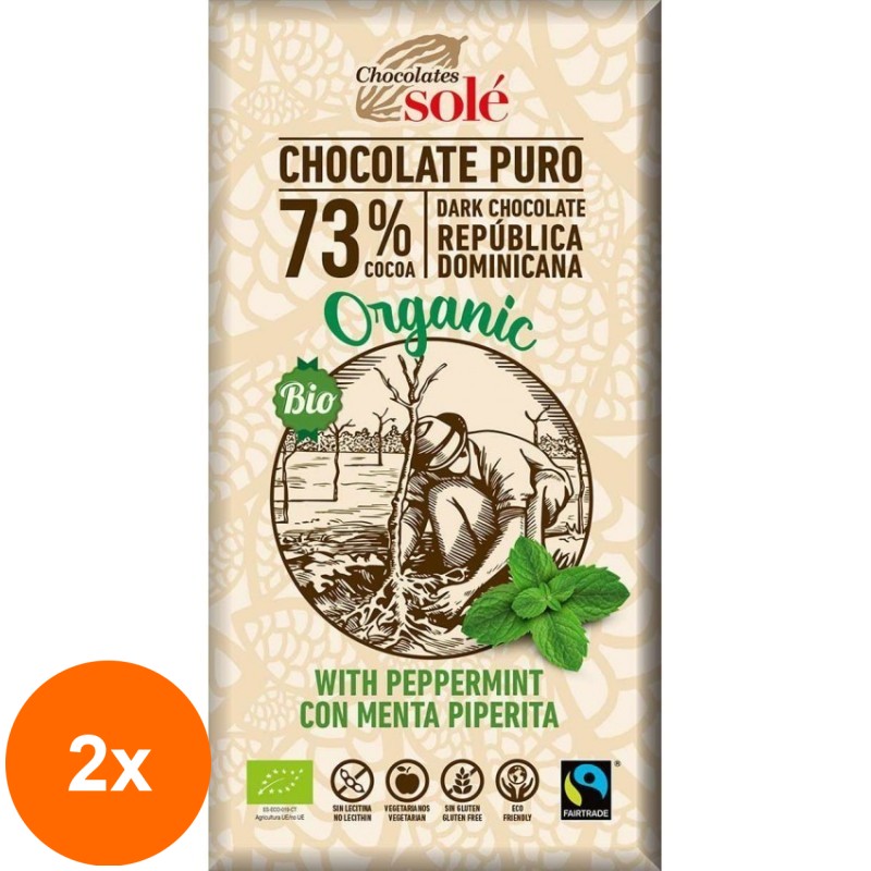 Set 2 x Ciocolata Neagra BIO cu Menta si Fairtrade 73% Cacao, 100 g, Chocolates Sole