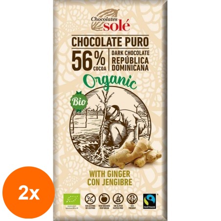 Set 2 x Ciocolata Neagra BIO cu Ghimbir, 56% Cacao, 100 g, Chocolates Sole...