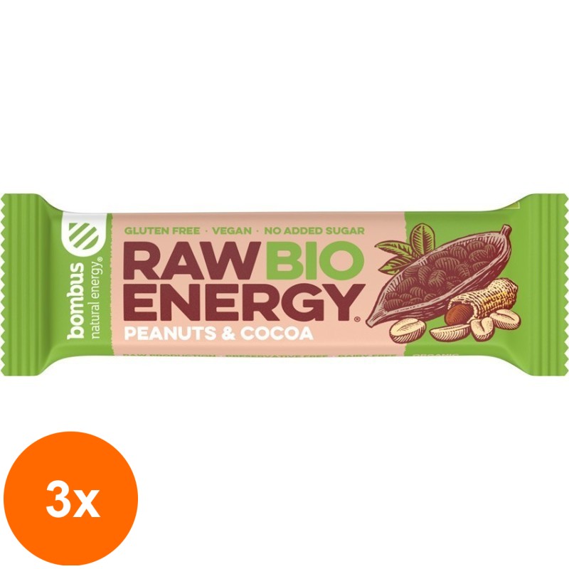 Set 3 x Baton Energizant Bio, Raw Energy, cu Arahide si Cacao 50g Bombus