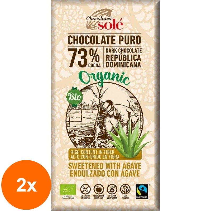 Set 2 x Ciocolata Neagra BIO cu Sirop de Agave, 73% Cacao, 100 g, Chocolates Sole