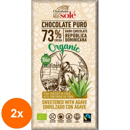 Set 2 x Ciocolata Neagra BIO cu Sirop de Agave, 73% Cacao, 100 g, Chocolates Sole...