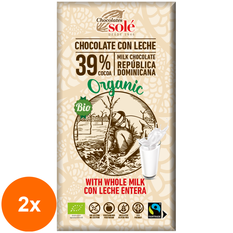 Set 2 x Ciocolata cu Lapte BIO si Fairtrade, 100 g, Chocolates Sole