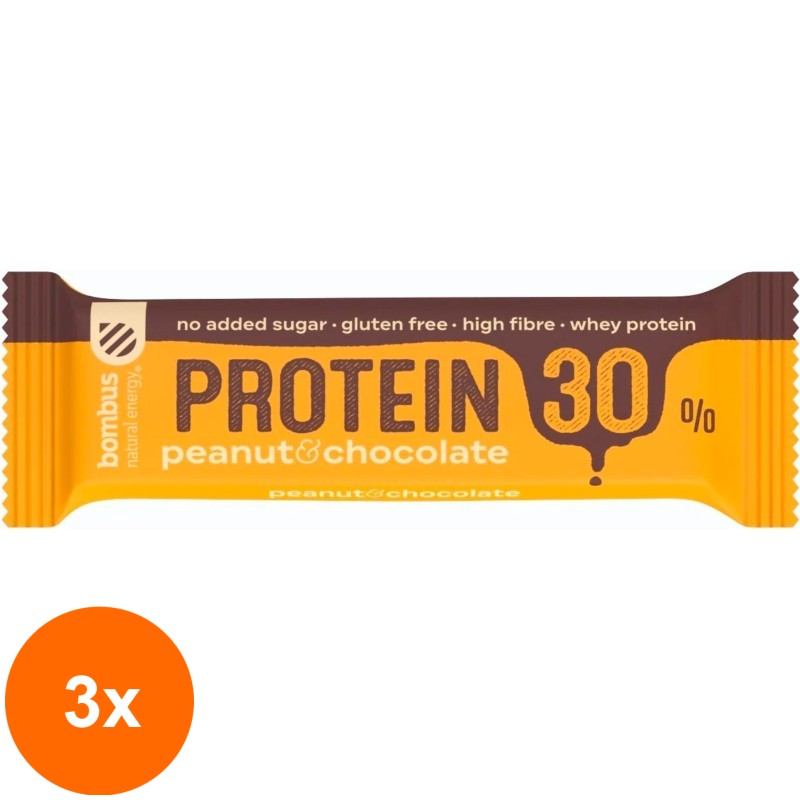 Set 3 x Baton Proteic cu Arahide si Ciocolata, 30% Proteine, 50g Bombus