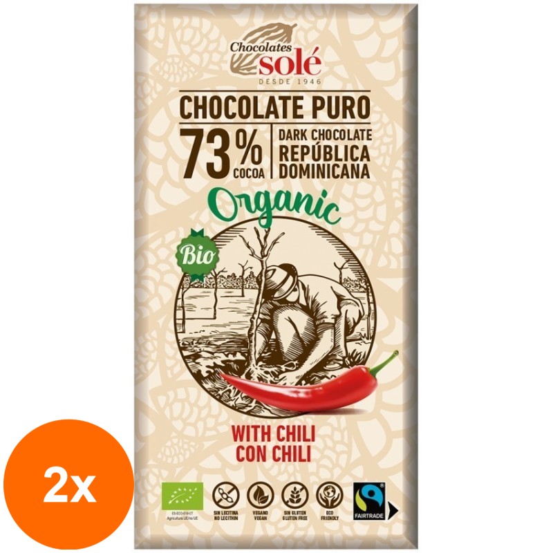 Set 2 x Ciocolata Neagra BIO cu Chili, 73% Cacao, 100 g, Chocolates Sole