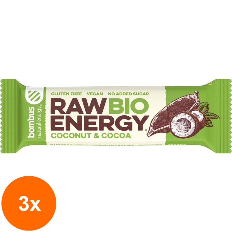Set 3 x Baton Energizant Bio, Raw Energy, cu Nuca de Cocos si Cacao 50g Bombus