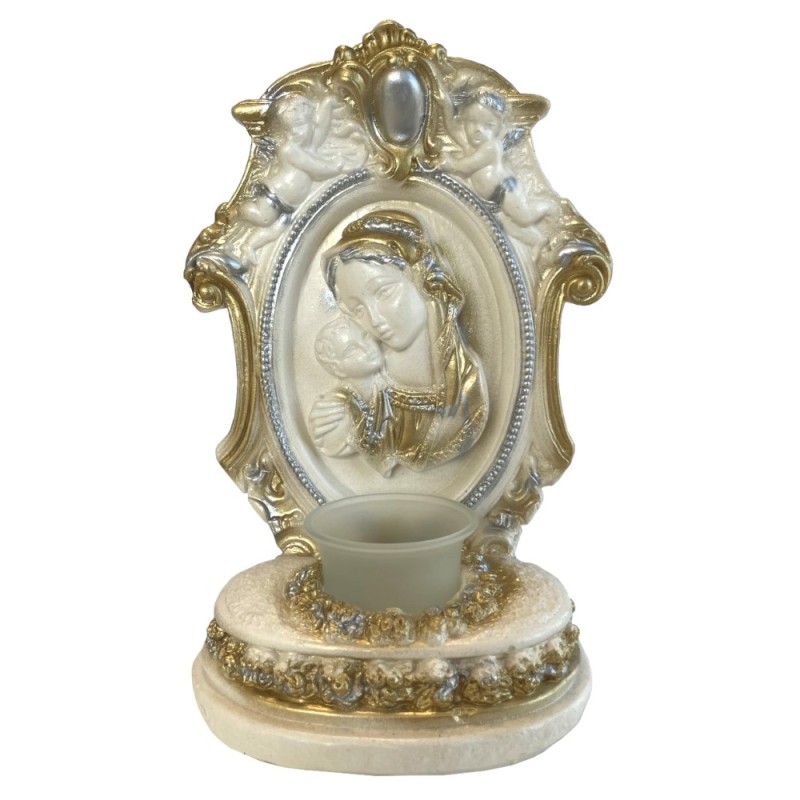 Candela din Ipsos Ovala cu Statueta Maica Domnului Alb cu Auriu