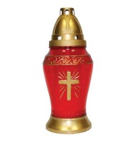 Candela din Sticla Rosu Cu Capac, Cruce Aurie, 24 Ore