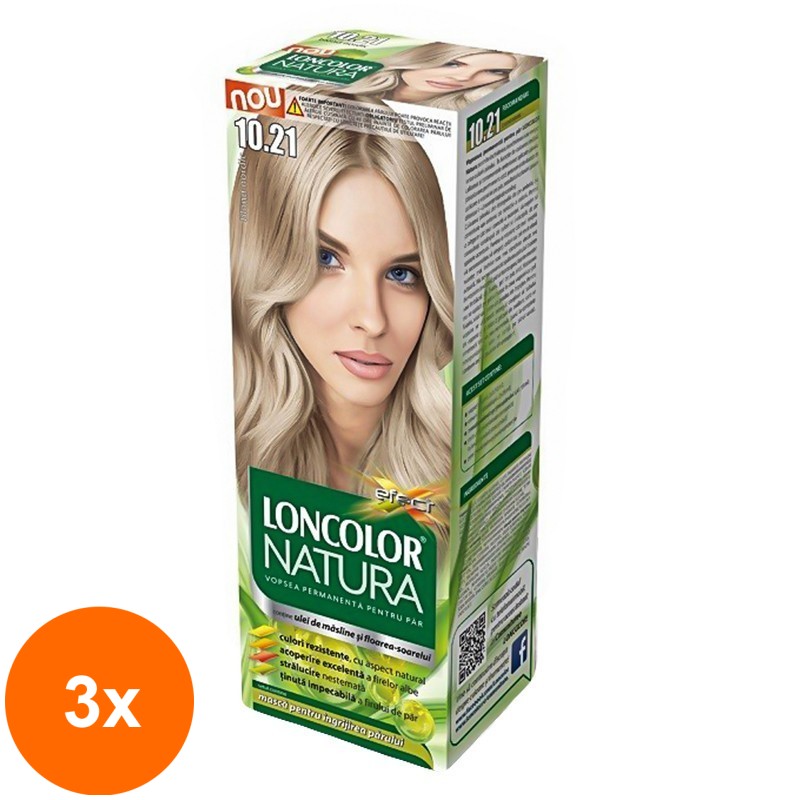 Set 3 x Vopsea de Par Permanenta Loncolor Natura 10.21 Blond Nordic, 100 ml