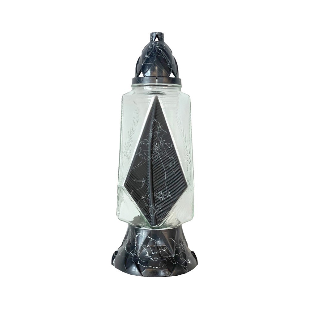 Set 2 x Candela din Sticla Alba, cu Fitil, Model cu Negru, 55 Ore