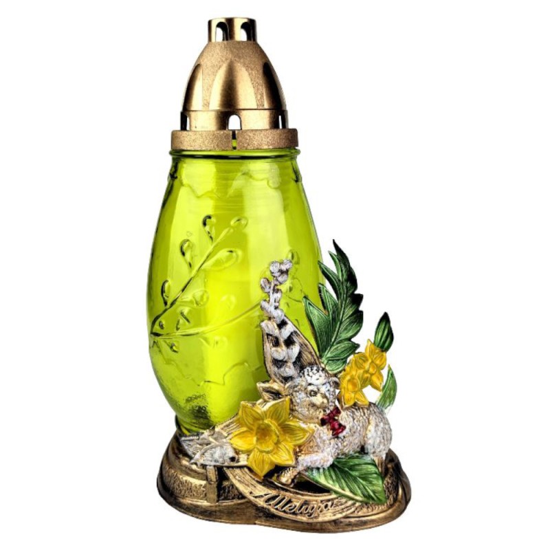 Candela din Sticla cu Decoratiune Pasti, Miel si Flori, Verde
