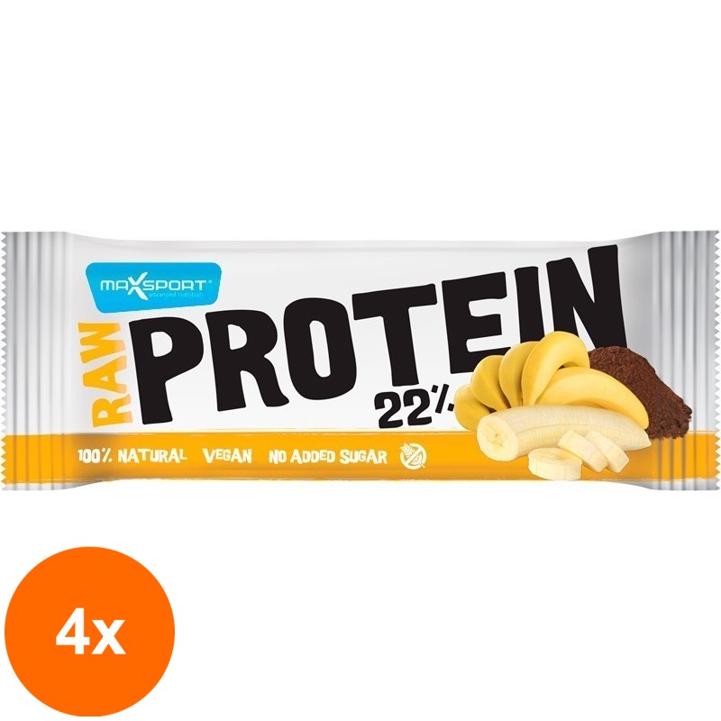 Set 4 x Baton Proteic cu Banane si Cacao, Max Sport Raw  Protein 22 %, 50 g