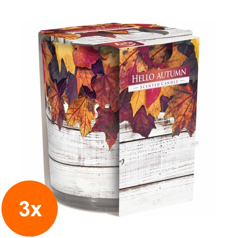 Set 3 x Lumanare Parfumata in Pahar Imprimat, Hello Autumn, 22 Ore