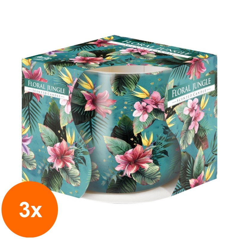 Set 3 x Lumanare Parfumata in Pahar Imprimat, Floral Jungle, 22 Ore
