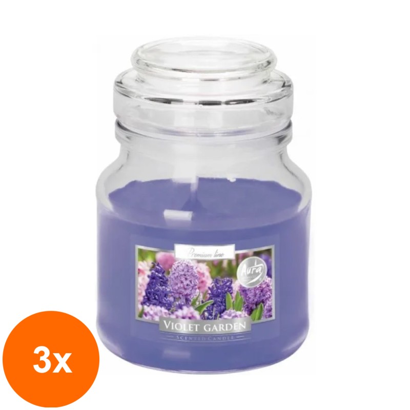 Set 3 x Lumanare Parfumata in Pahar cu Capac, Violet Garden, 28 Ore