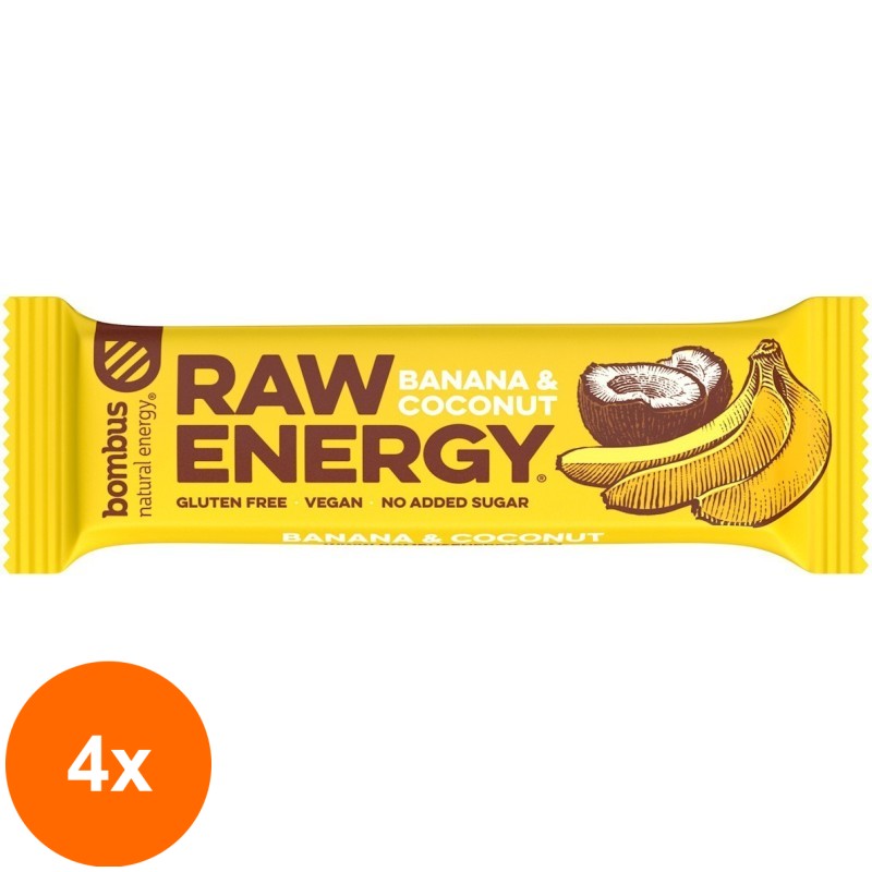 Set 4 x Baton Proteic Raw Energy cu Banane si Nuca de Cocos, 50g Bombus