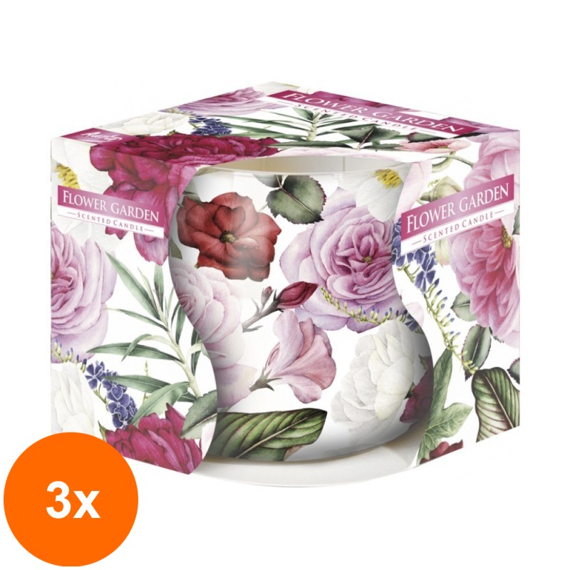 Set 3 x Lumanare Parfumata in Pahar Imprimat, Flower Garden, 22 Ore