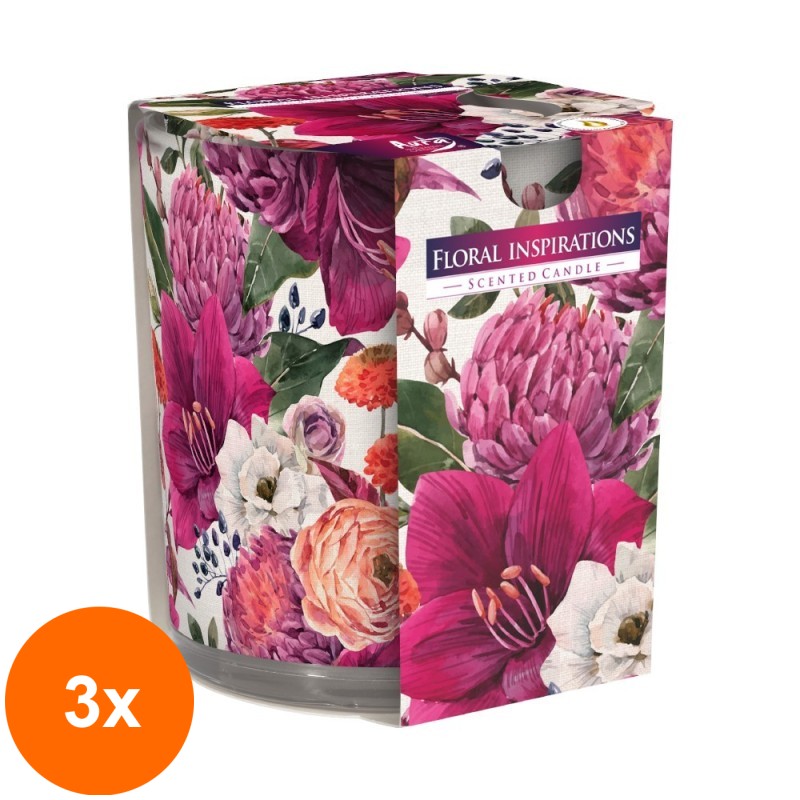 Set 3 x Lumanare Parfumata in Pahar Imprimat, Floral Inspiration, 22 Ore