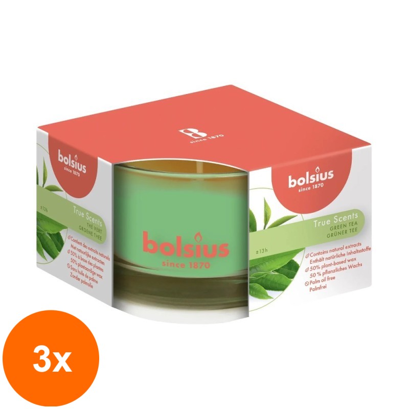 Set 3 x Lumanare Parfumata Bolsius True in Pahar Mic, Green Tea