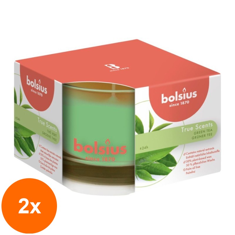 Set 2 x Lumanare Parfumata Bolsius True in Pahar Mediu, Green Tea