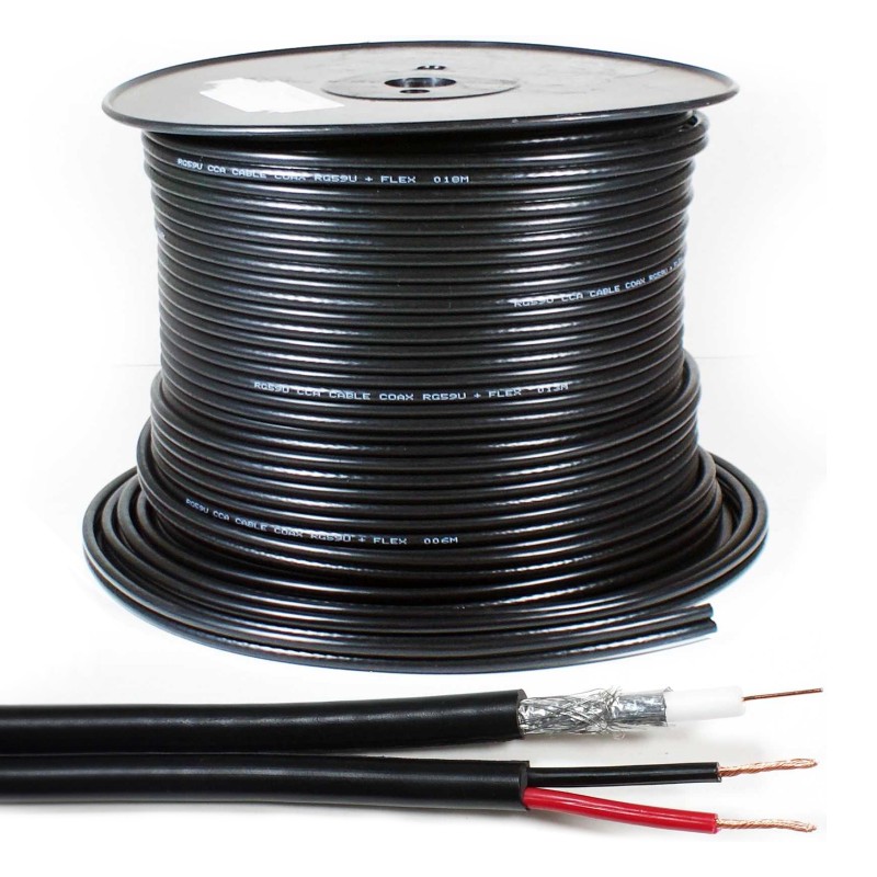 Cablu Coaxial RG59 cu Alimentare 75R, 1 x 0.8mm Cupru + 128 x 0.12mm CCA / 6mm PVC Negru, 305m, Well