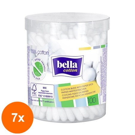Set de 7 x 100 bastoncillos de algodón higiénicos 100% algodón, Bella, Caja redonda...