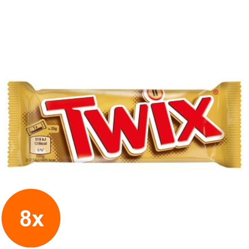 Set 8 x Baton de Biscuit si Caramel Invelit in Ciocolata cu Lapte Twix Single, 50 g