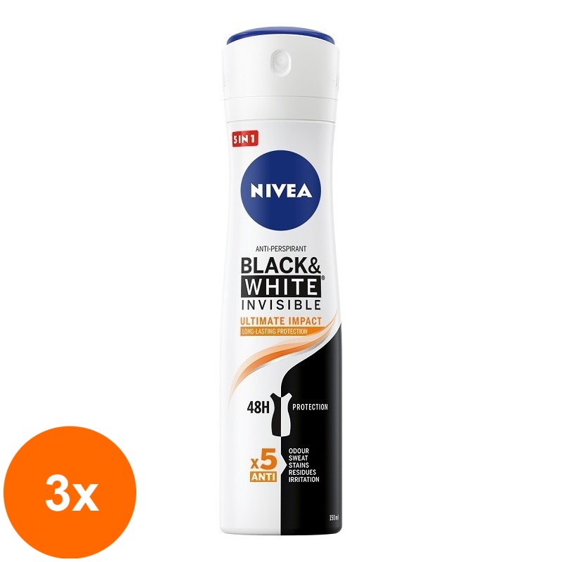Set 3 x Deodorant Spray Invisible Black & White Ultimate Impact Nivea Deo 150ml