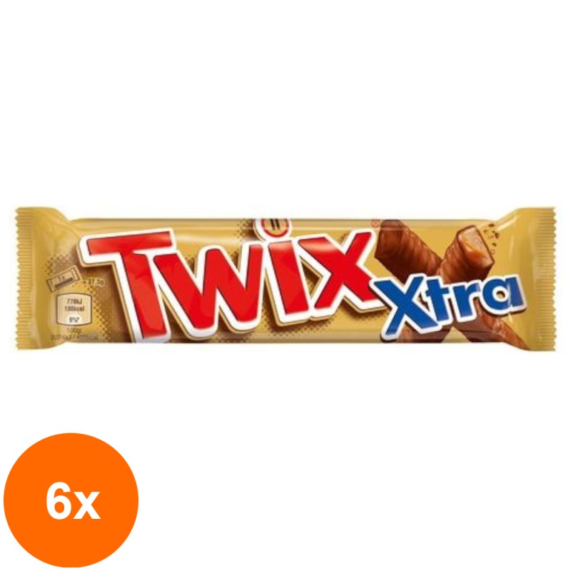 Set 6 x Baton de Biscuit si Caramel Invelit in Ciocolata cu Lapte Twix Extra, 75 g
