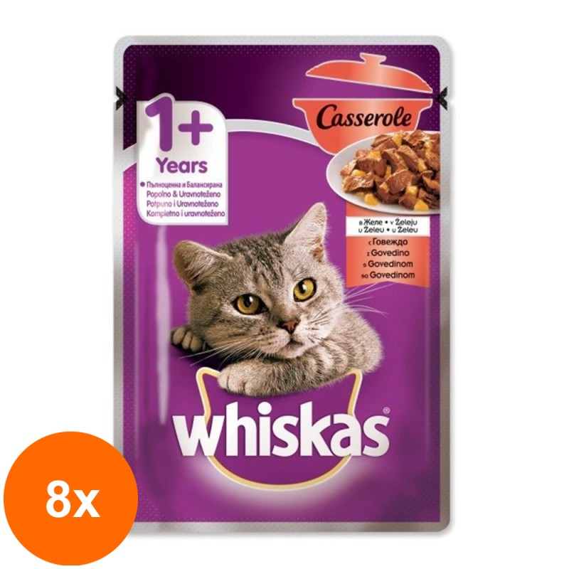 Set 8 x Hrana Umeda pentru Pisici Whiskas Casserole Adult, cu Carne de Vita, Plic, 85 g