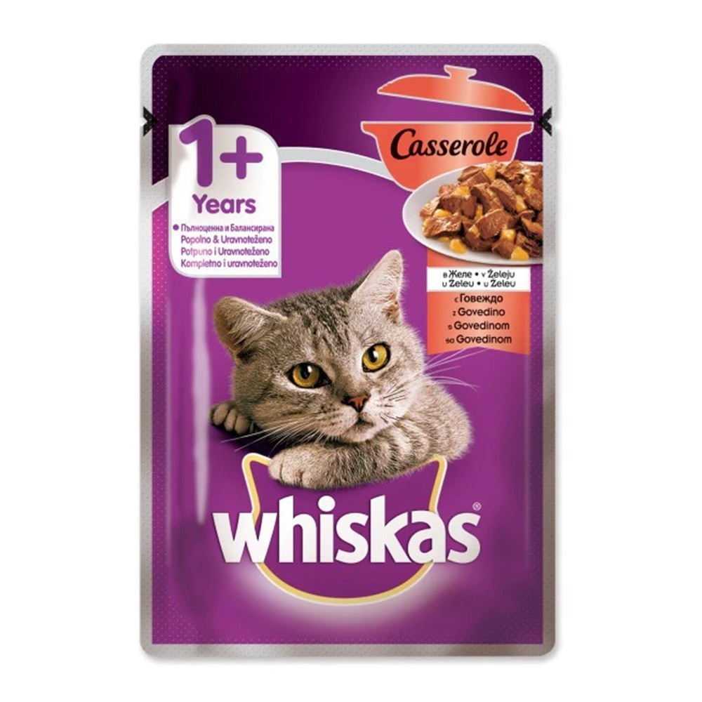 Set 8 x Hrana Umeda pentru Pisici Whiskas Casserole Adult, cu Carne de Vita, Plic, 85 g
