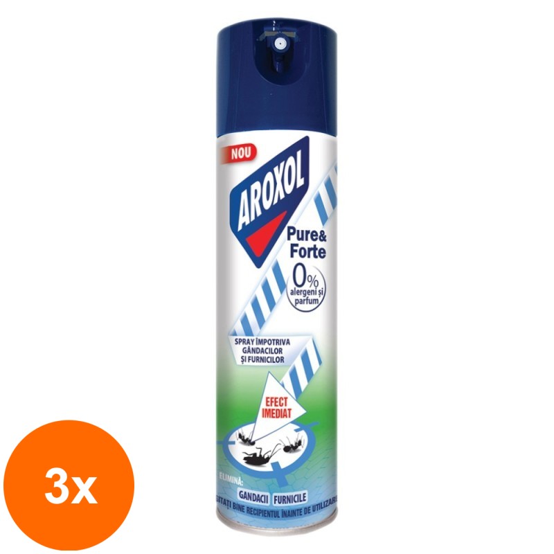 Set 3 x Spray Aroxol Pure & Forte Impotriva Gandacilor si Furnicilor, 300 ml