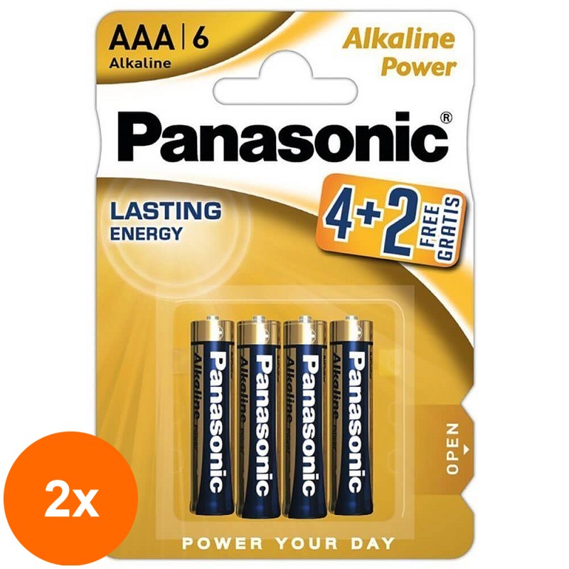 Set 2 x Baterii Alcaline AAA, R3, Panasonic Alkaline Power, 1.5 V, Blister 4 Baterii + 2