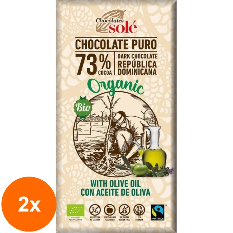 Set 2 x Ciocolata Neagra BIO cu Ulei Extravirgin de Masline, 100 g, Chocolates Sole