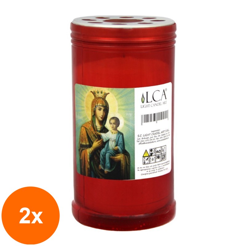 Set 2 x Candela Plastic Rosu cu Capac Anti-Vant Auriu, 72 Ore, Inaltime 15.5 cm
