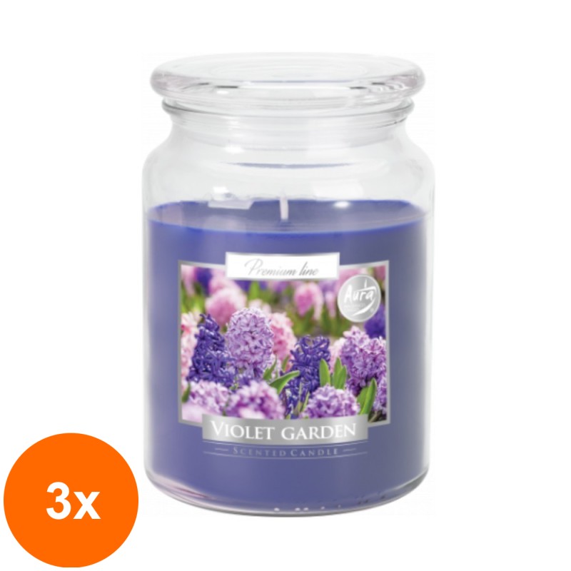 Set 3 x Lumanare Parfumata in Borcan cu Capac, Gradina cu Violete, 100 Ore