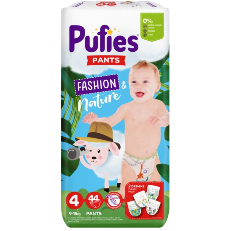 Scutece-Chilotel Pufies Pants Fashion and Nature Maxi, Marimea 4, 9-15 kg, 44 Bucati